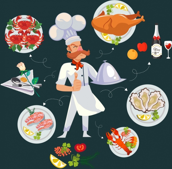 elementos de design de restaurante cozinhar ícones de comida design de desenhos animados