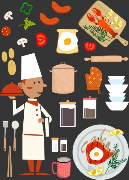elementos de design de restaurante cozinhar ingredientes alimentos utensílios de cozinha ícones