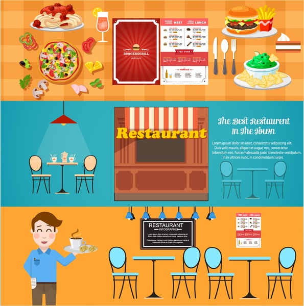Ilustración de elementos de diseño de restaurante en estilo horizontal