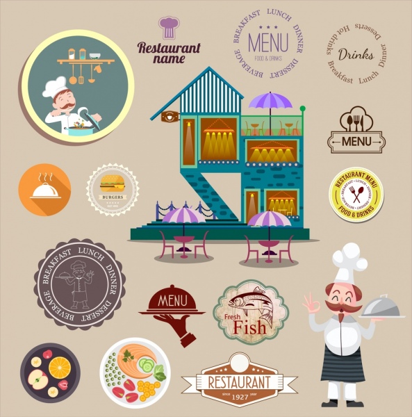 Restoran desain elemen perangko logo makanan ikon masak
