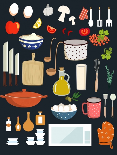 elementos de diseño de restaurantes utensilios ingredientes iconos de equipos