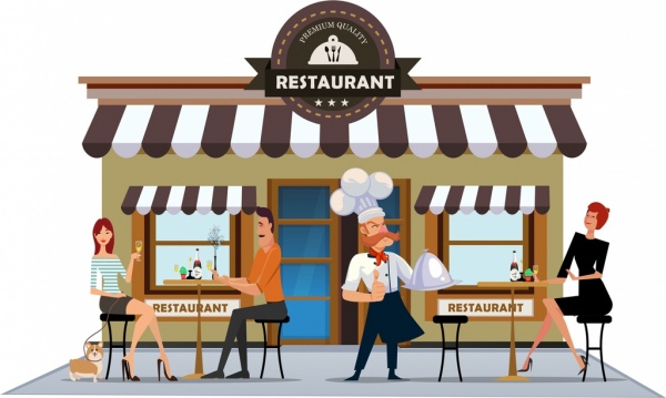 Restaurant Exterior Drawing Cook Diners Icons Colored Cartoon-vector