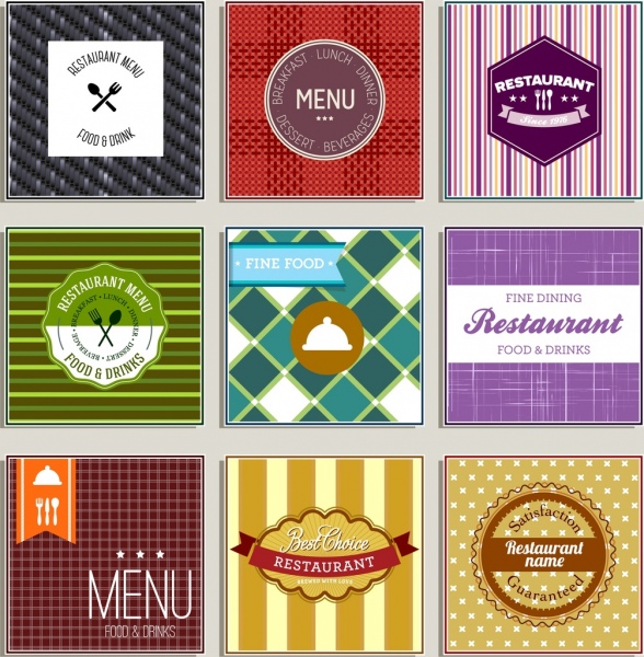 Restoran label menetapkan warna-warni bentuk datar klasik