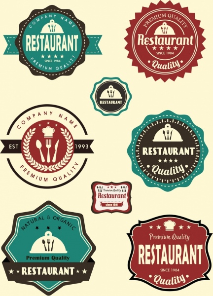 Restaurante de diseño clasico coleccion de formas planas, etiquetas de colores