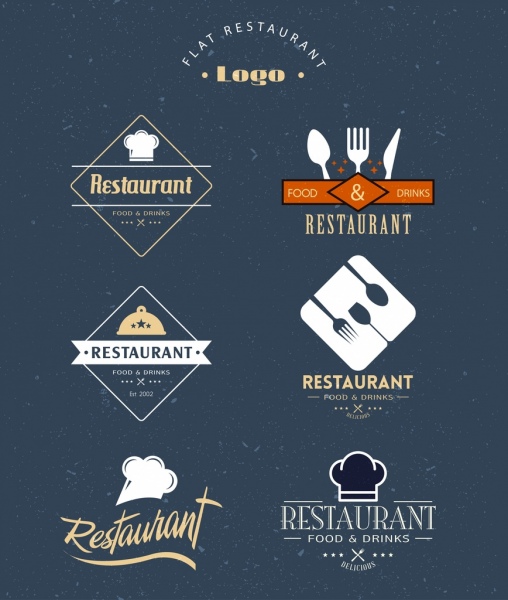 레스토랑 logotypes 컬렉션 기구 아이콘 텍스트 장식