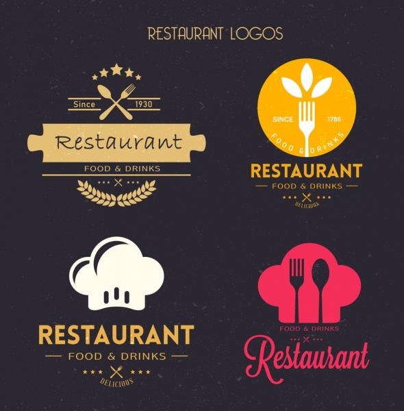 płaski restauracja logotypy kitchenwares ikony stylu vintage