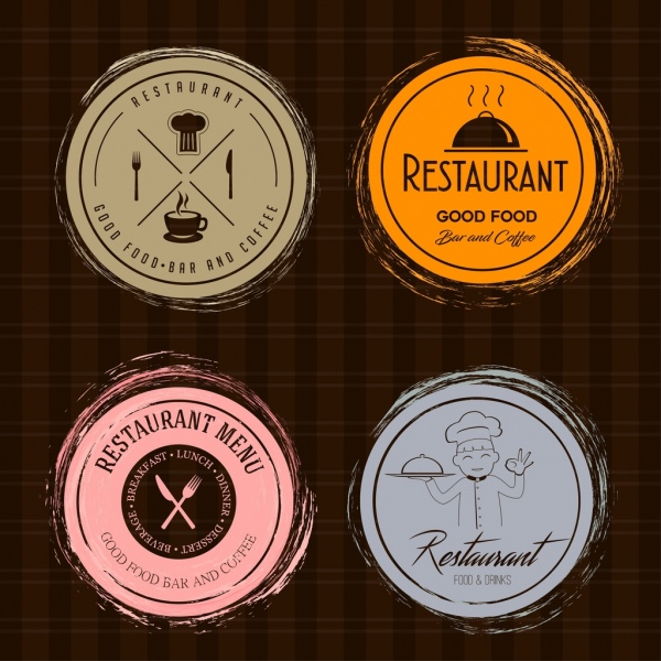 Restaurante logotipos retro Flat Circle aislamiento
