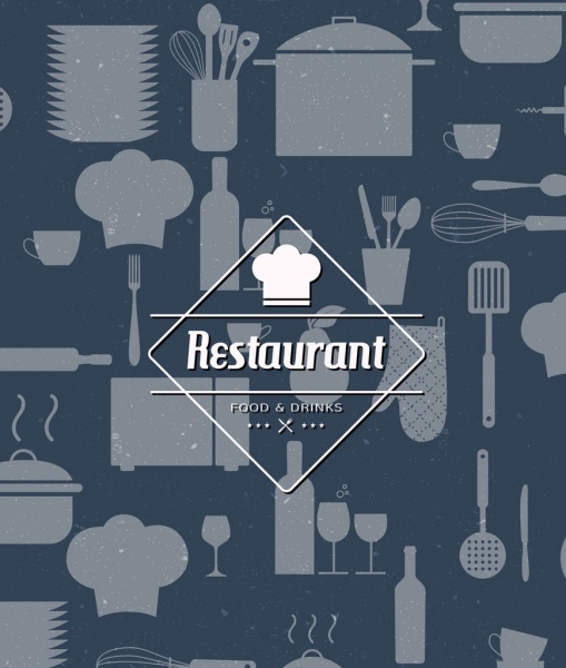 ícones de objetos de utensílios de cozinha de design plano restaurante menu de fundo