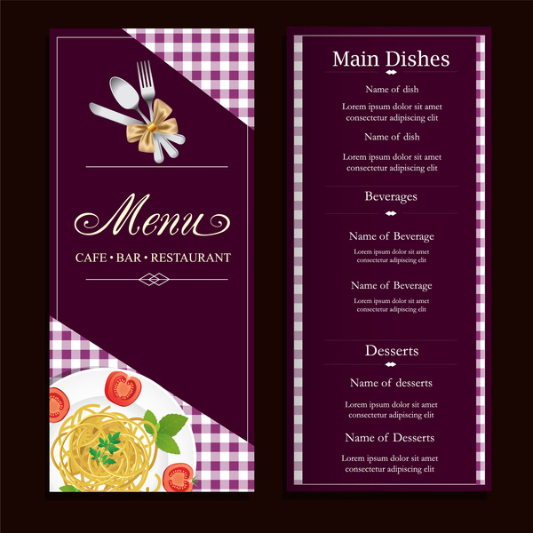 projeto de menu de restaurante com fundo violeta clássico