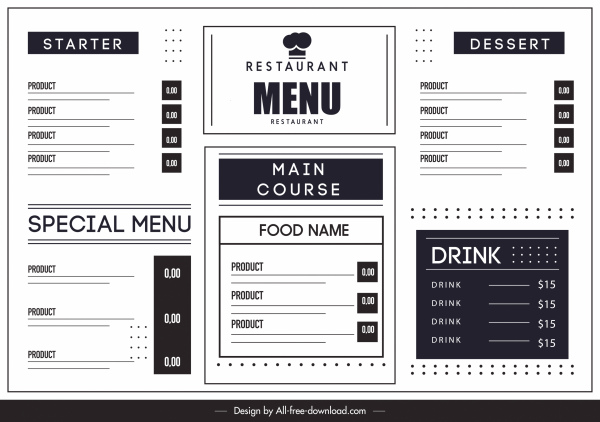 шаблон меню ресторана черный белый плоский простой дизайн