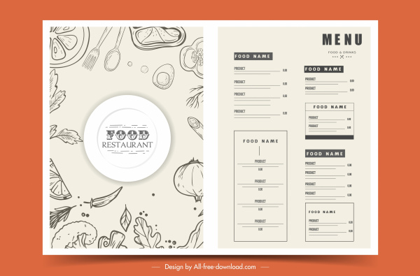 template menu restoran sketsa datar gambar tangan putih hitam