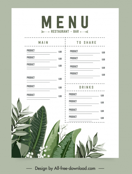 template menu restoran dekorasi daun klasik yang elegan cerah