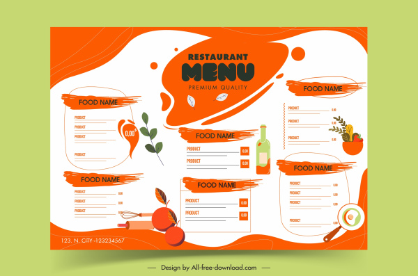 ristorante menu modello colorato arredamento grunge piatto