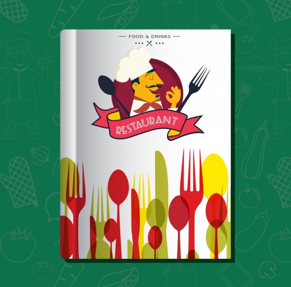 Restoran menu template warna-warni sendok garpu masak ikon