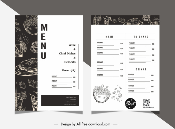 template menu restoran kontras hitam putih retro handdrawn