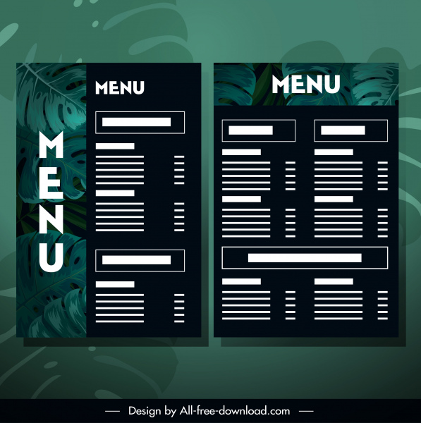 template menu restoran dekorasi daun hijau gelap