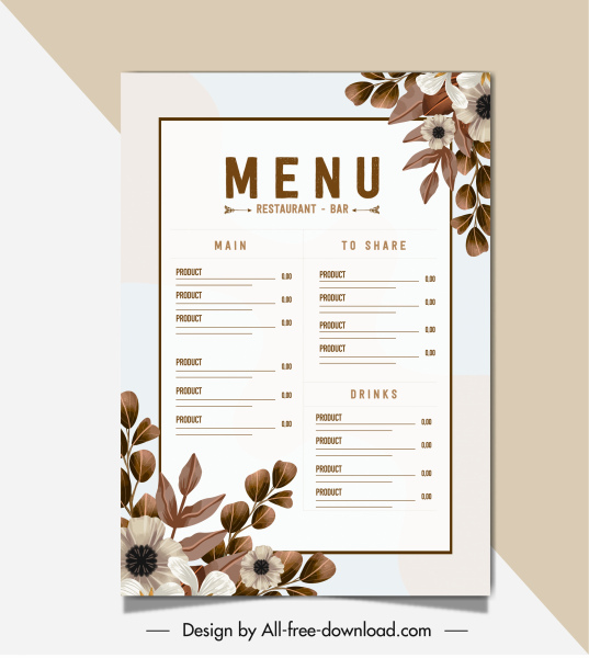modelo menu restaurante elegante marrom brilhante decoração botânica