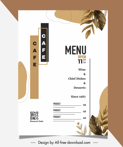 template menu restoran dekorasi daun klasik yang elegan