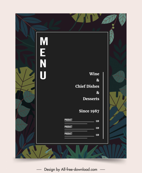 template menu restoran dekorasi daun klasik gelap yang elegan