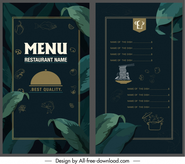 modelo menu restaurante elegante decoração folhas escuras
