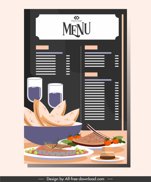template menu restoran sketsa masakan dekorasi elegan