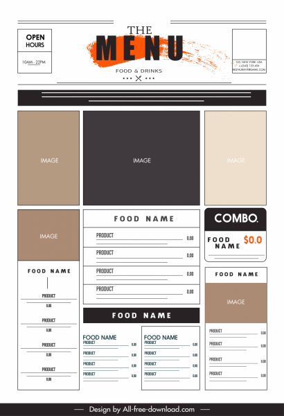 modelo de menu restaurante elegante plano grunge layout geométrico