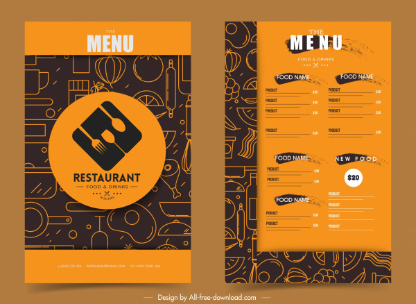 template menu restoran desain klasik yang digambar tangan abstrak datar