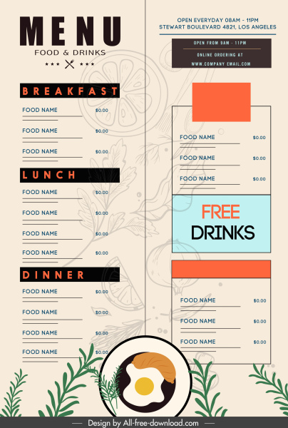шаблон меню ресторана плоский классический размытый декор