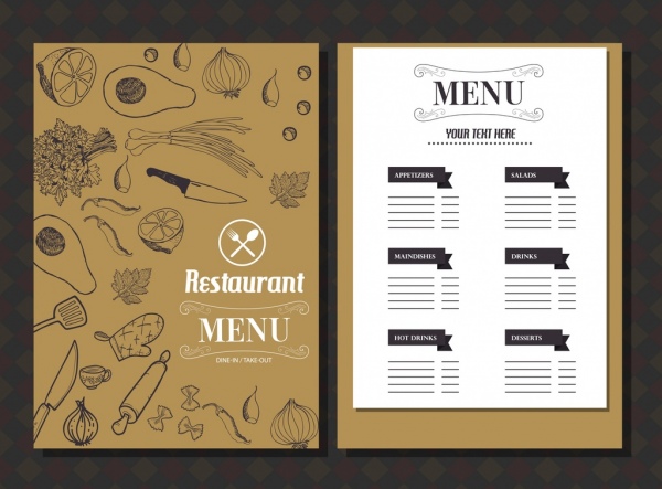 餐廳的功能表圖示經典手繪草圖範本的食物