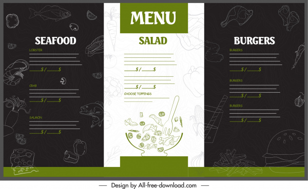 шаблон меню ресторана handdrawn декор контрастный дизайн
