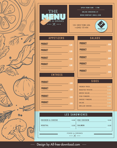 modelo menu restaurante esboço retro desenhado à mão