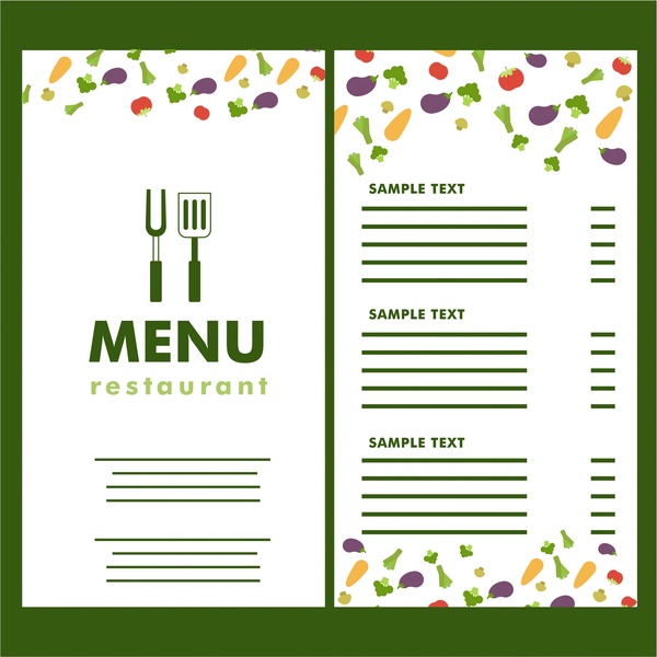 Restaurante menu de iconos vegetales sobre fondo blanco