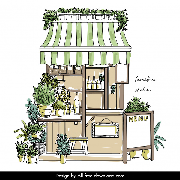 tienda restaurante plantilla exterior boceto clásico dibujado a mano