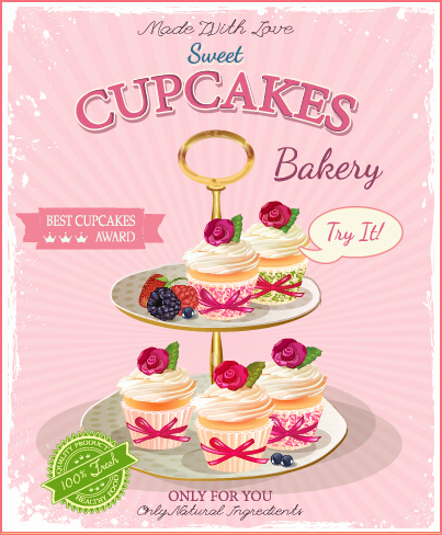 cupcakes di poster pubblicità retrò vettoriale