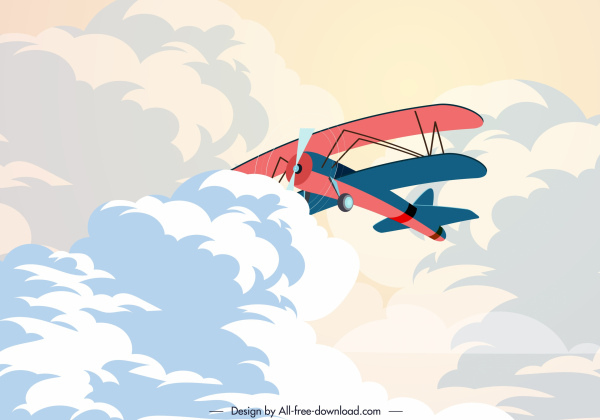 Retro Flugzeug, das Dekor-Karikaturdesign des bewölkten Himmels malt