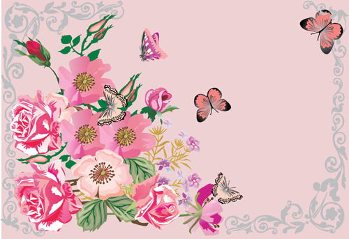Retro-Blumen mit Schmetterlingen Rahmenhintergrund