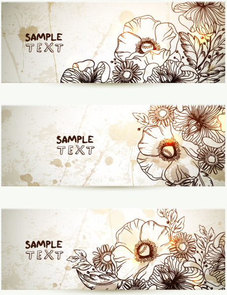 ย้อนยุคมือวาดภาพเวกเตอร์แบนเนอร์ดอกไม้