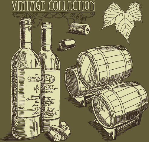 les vins éléments dessinés à la main rétro vector collection
