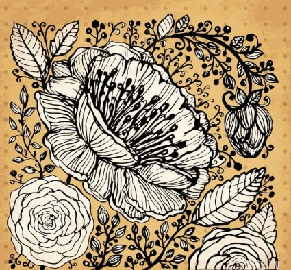 Retro Hand Drawning Flowers Background Vector