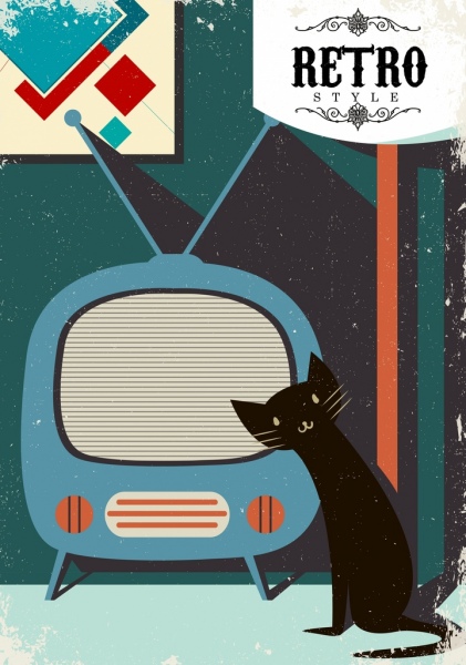 复古家庭背景老式电视猫图标装饰