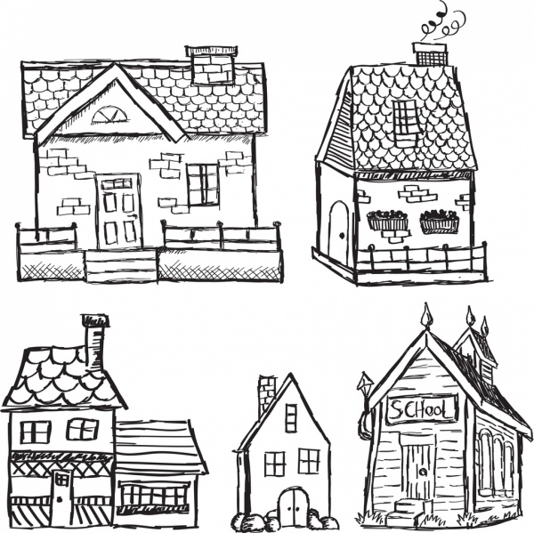 復古黑白手繪草圖的房子圖標