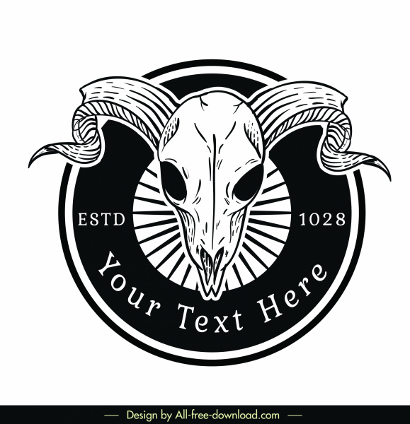 Retro Logo Şablonu Siyah Beyaz Boğa Kafatası Dekoru