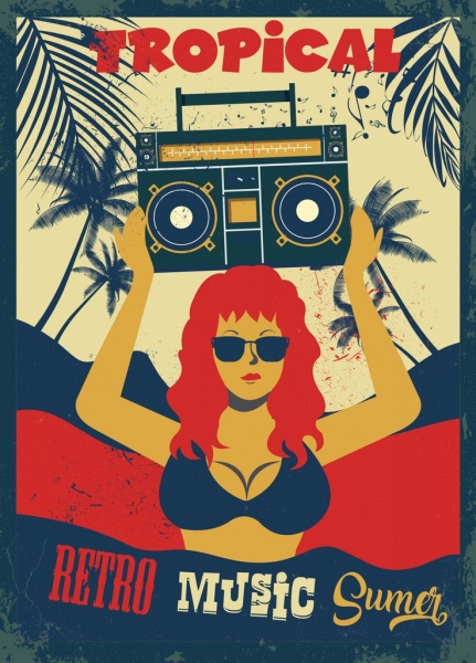 Bannière de fête de musique rétro Bikini fille cassette icônes