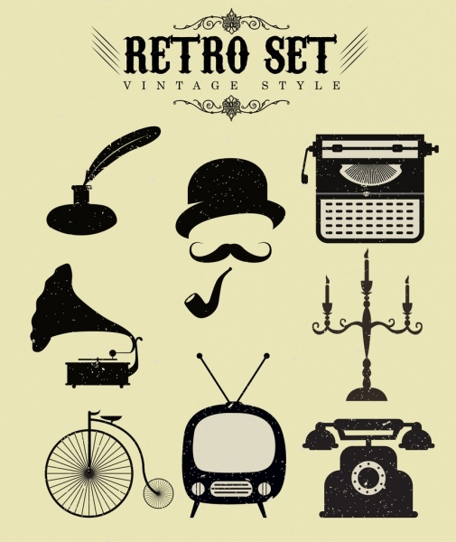 retro objects, icons, collection, 블랙, 화이트, 디자인