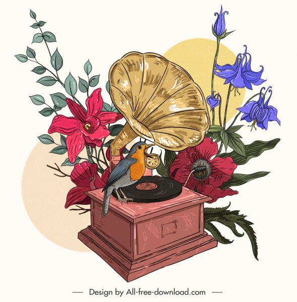 복고풍 그림 다채로운 floras 새 스피커 스케치