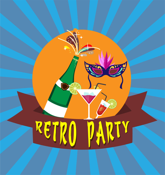Retro-Party-Banner-Design mit bunten Illustrationen