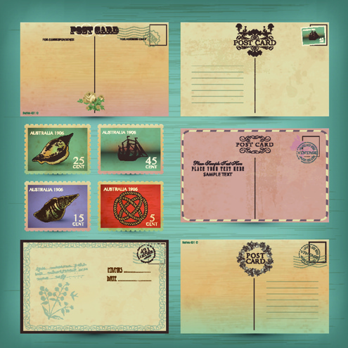retro kartu pos dan perangko desain vektor