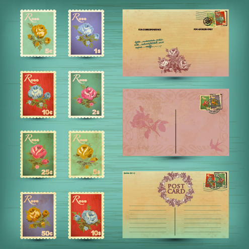 retro wektor kartki pocztowe i znaczki pocztowe