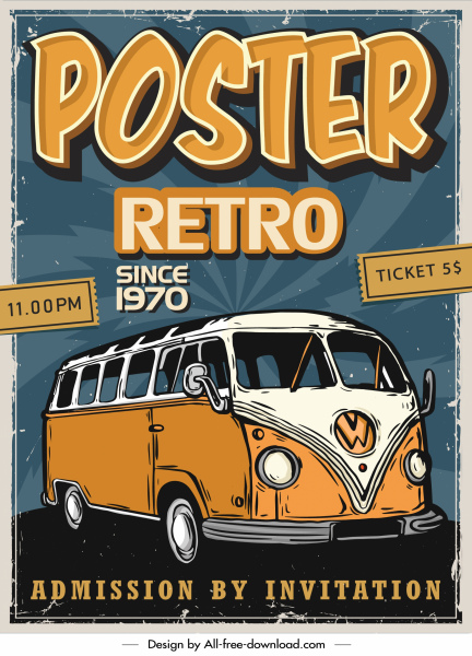 plantilla de póster retro dibujado a mano boceto de autobús clásico