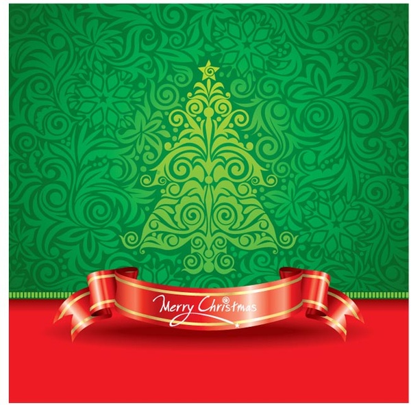 Retro Style Christmas Tree Wallpaper With Red Ribbon Banner Vector